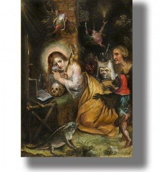 Painting of Mary Magdalene surrounded by symbolic figures representing the seven deadly sins.