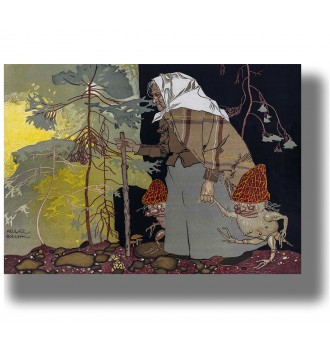 Forest witch walking with mushroom creatures in a dark fantasy illustration.