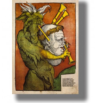 Reformation-era illustration of a horned devil holding a monk’s head and playing pipes through it.