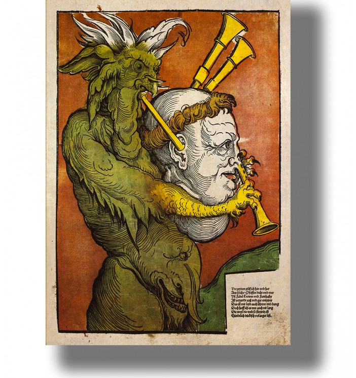 Reformation-era illustration of a horned devil holding a monk’s head and playing pipes through it.