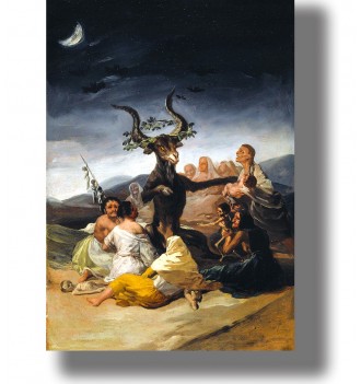 Painting by Francisco Goya showing witches gathered around a black goat under a night sky with bats and a crescent moon.