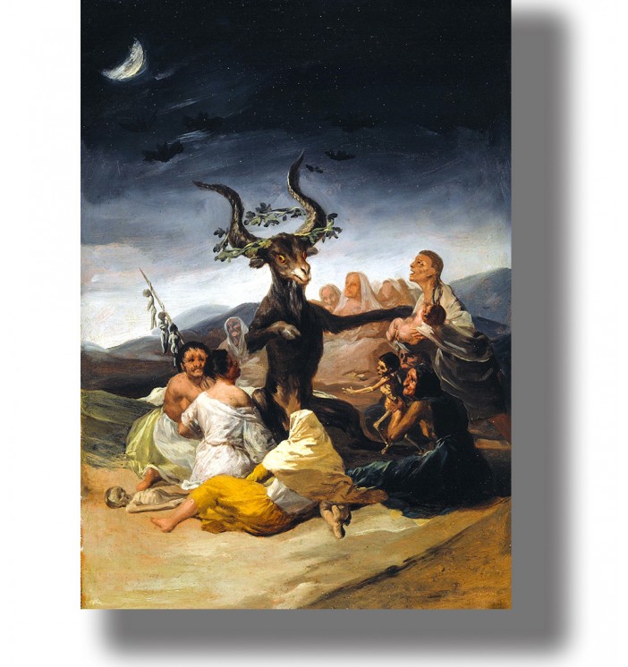 Painting by Francisco Goya showing witches gathered around a black goat under a night sky with bats and a crescent moon.