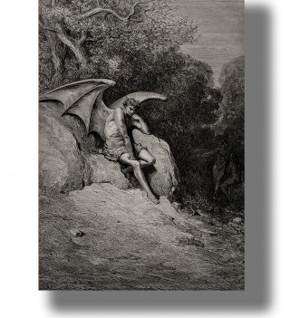 Engraving of the fallen angel Lucifer seated alone with large wings in a shadowy scene.
