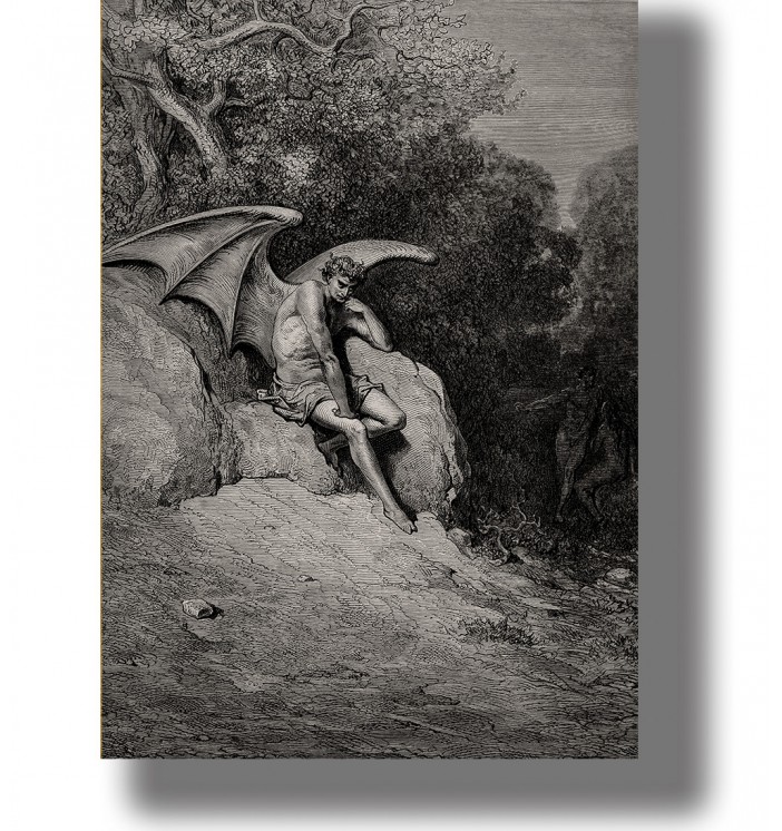 Engraving of the fallen angel Lucifer seated alone with large wings in a shadowy scene.