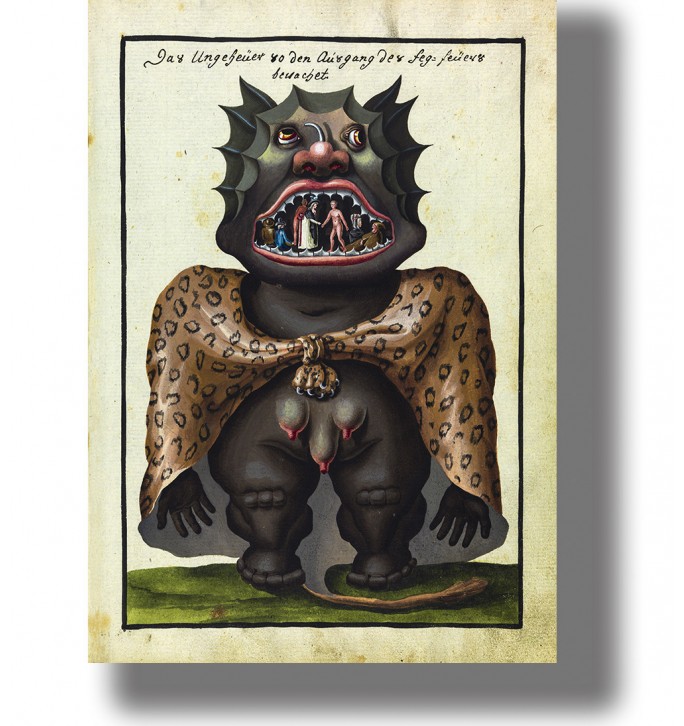 Old esoteric image of a bizarre demon figure from Compendium Rarissimum.