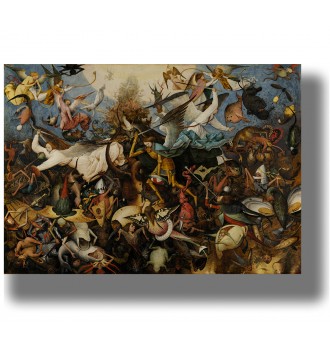 Detailed painting of rebel angels falling among fantastic creatures and winged figures.