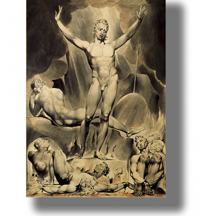 Painting of Satan standing above fallen rebel angels in a dramatic biblical scene.