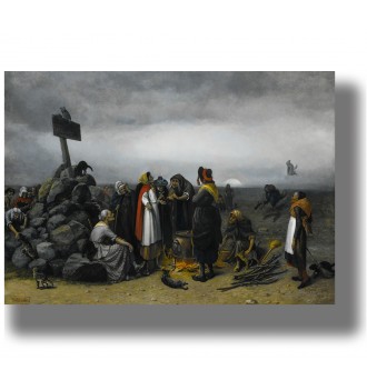 Dark painting of witches meeting outdoors in a gloomy landscape with a fire and scattered figures.