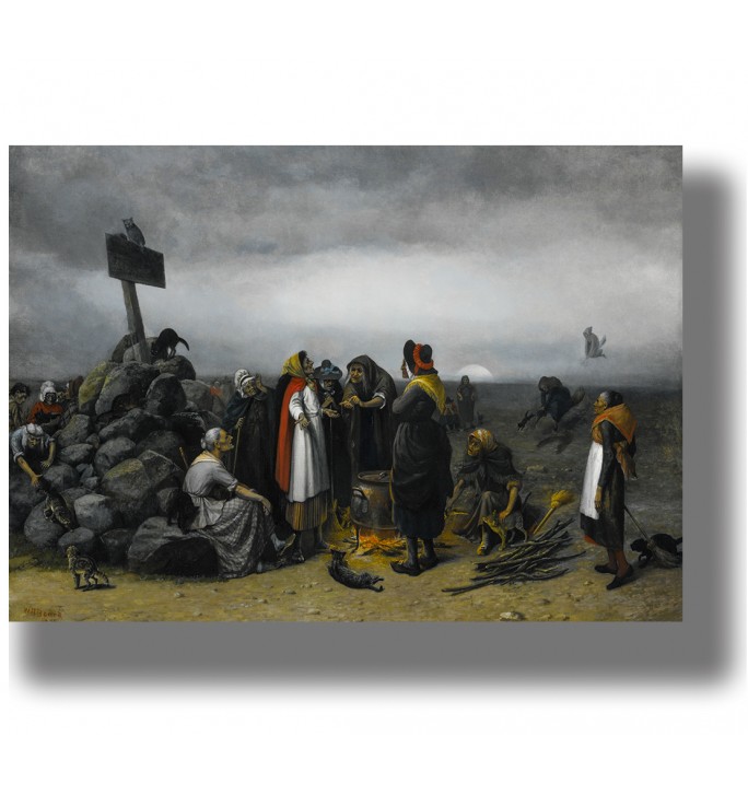 Dark painting of witches meeting outdoors in a gloomy landscape with a fire and scattered figures.