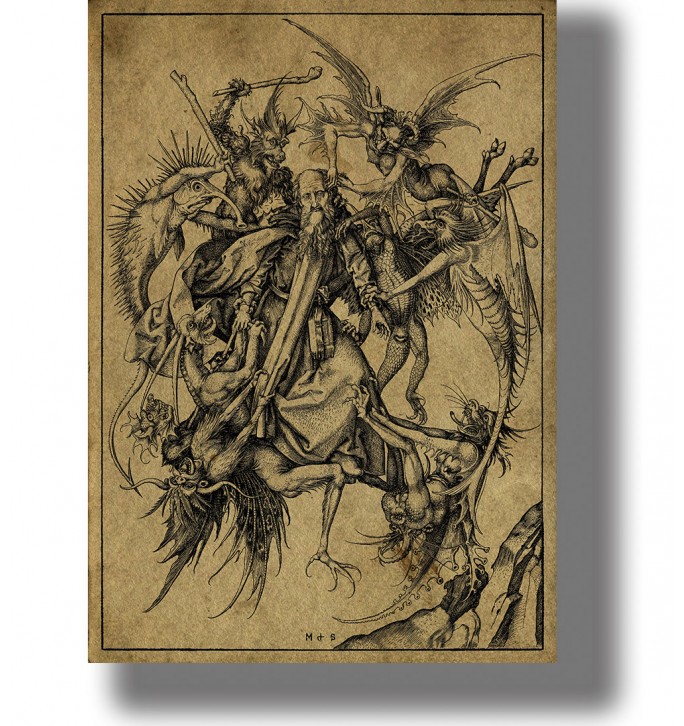 Medieval engraving showing Saint Anthony lifted into the air and tormented by strange demons.