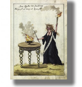 Historical occult illustration of a witch standing with a torch and wand near a smoking altar.