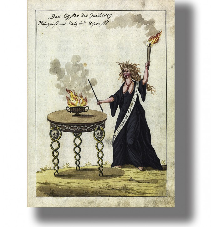 Historical occult illustration of a witch standing with a torch and wand near a smoking altar.