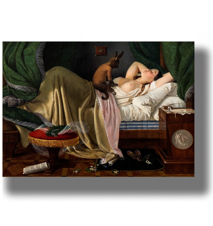 Surreal artwork of a nude woman on a bed with a demon creature in a shadowy room.