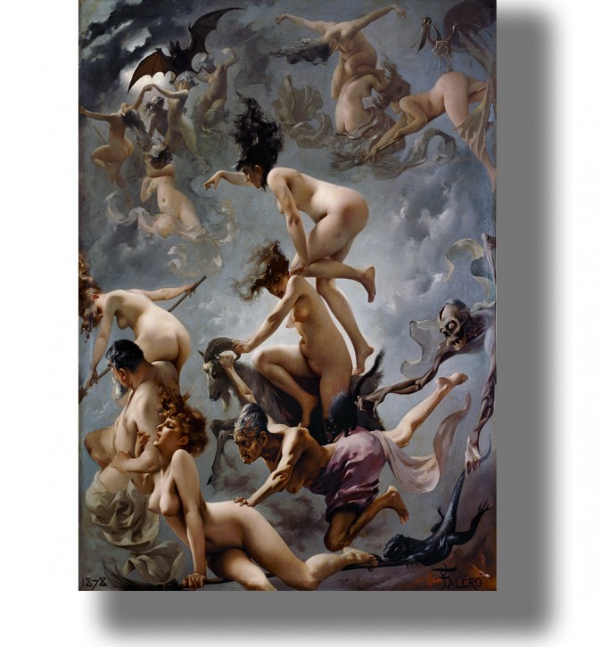 Dark fantasy image of flying nude witches, bats, and eerie creatures in the clouds.