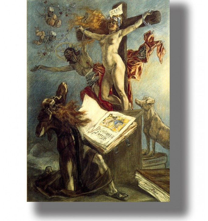 Painting of Saint Anthony in a surreal scene with a nude figure on a cross and symbolic objects around him.