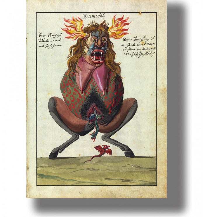 Occult grimoire illustration of the demon Vamidal giving birth to small devils in a grotesque infernal scene.