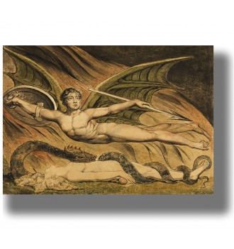 Painting of Satan with wings above Eve while a serpent coils around her body.