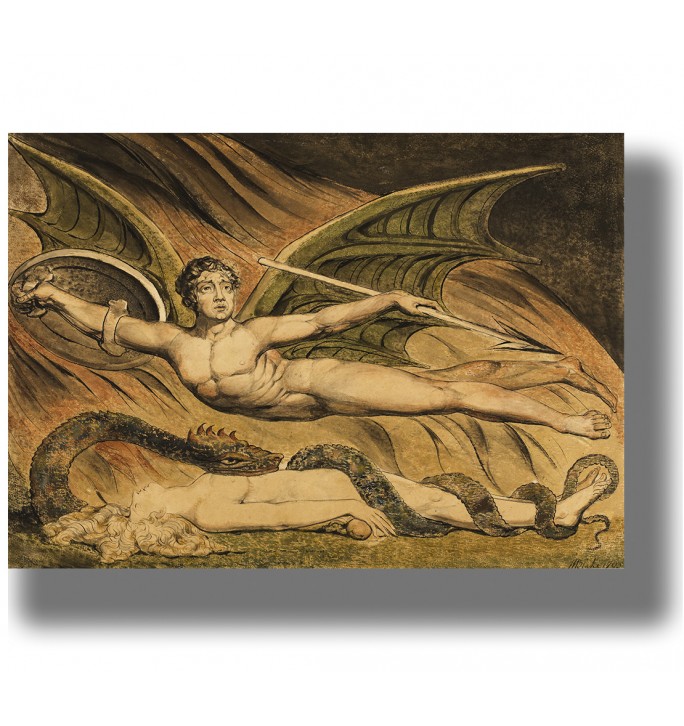 Painting of Satan with wings above Eve while a serpent coils around her body.