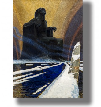 Painting of a dark idol seated on a throne in a surreal landscape with blue water and golden sky.