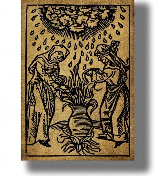 Old woodcut of two witches standing over a cauldron and summoning a storm.