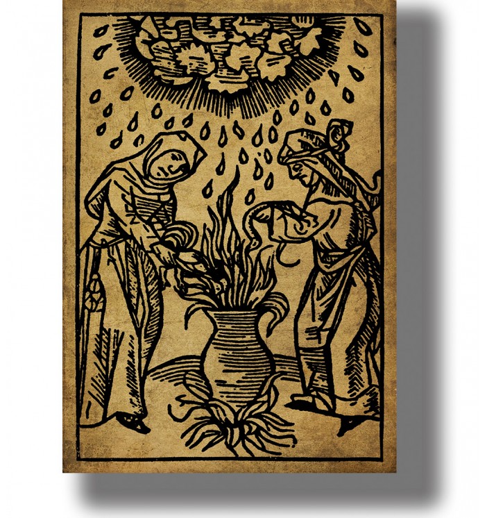 Old woodcut of two witches standing over a cauldron and summoning a storm.