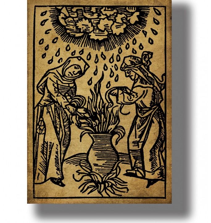 Old woodcut of two witches standing over a cauldron and summoning a storm.