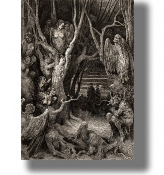Black and white Gustave Doré illustration of harpies in a dark forest with twisted trees and small figures below.