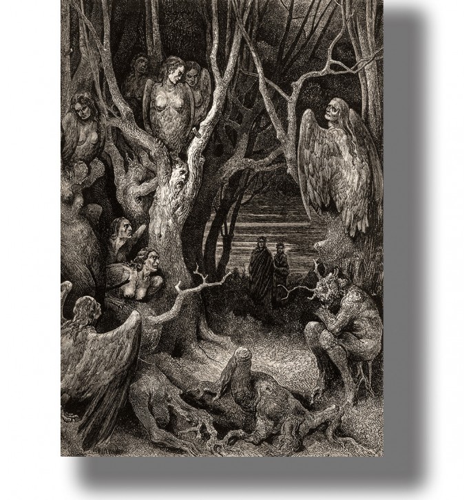 Black and white Gustave Doré illustration of harpies in a dark forest with twisted trees and small figures below.