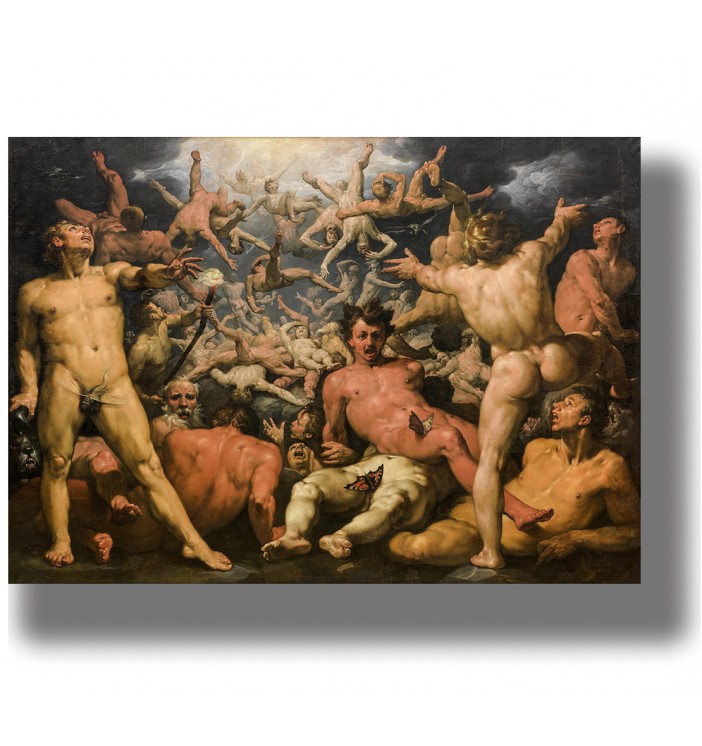 Painting of many nude figures falling through the sky in a chaotic mythological scene.