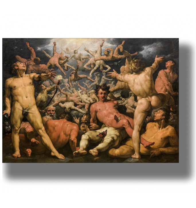 Painting of many nude figures falling through the sky in a chaotic mythological scene.