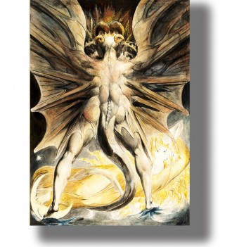 Dark symbolic painting with a dragon figure, large wings, and a glowing woman below.