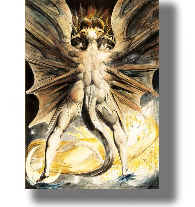 Dark symbolic painting with a dragon figure, large wings, and a glowing woman below.