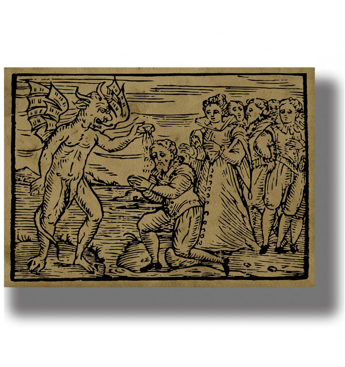 Historical witchcraft woodcut from Compendium Maleficarum showing a demon and gathered figures.
