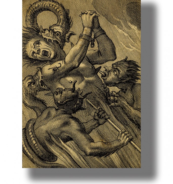 Infernal scene with horned demons torturing a naked man.