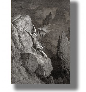 Black and white Gustave Doré illustration of a winged fallen angel clinging to a rocky cliff.