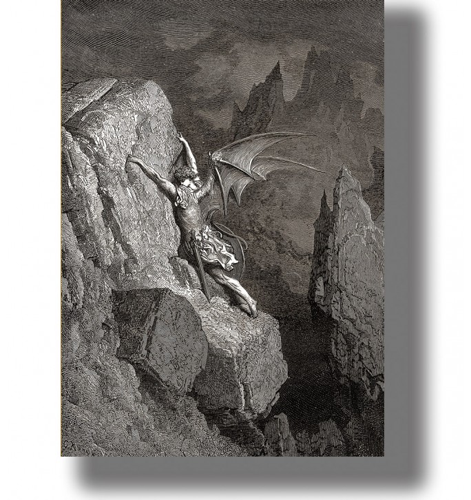 Black and white Gustave Doré illustration of a winged fallen angel clinging to a rocky cliff.