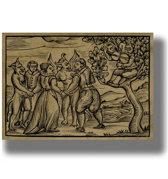 Antique witchcraft illustration of witches, devils, and a musician in a sabbath dance scene.