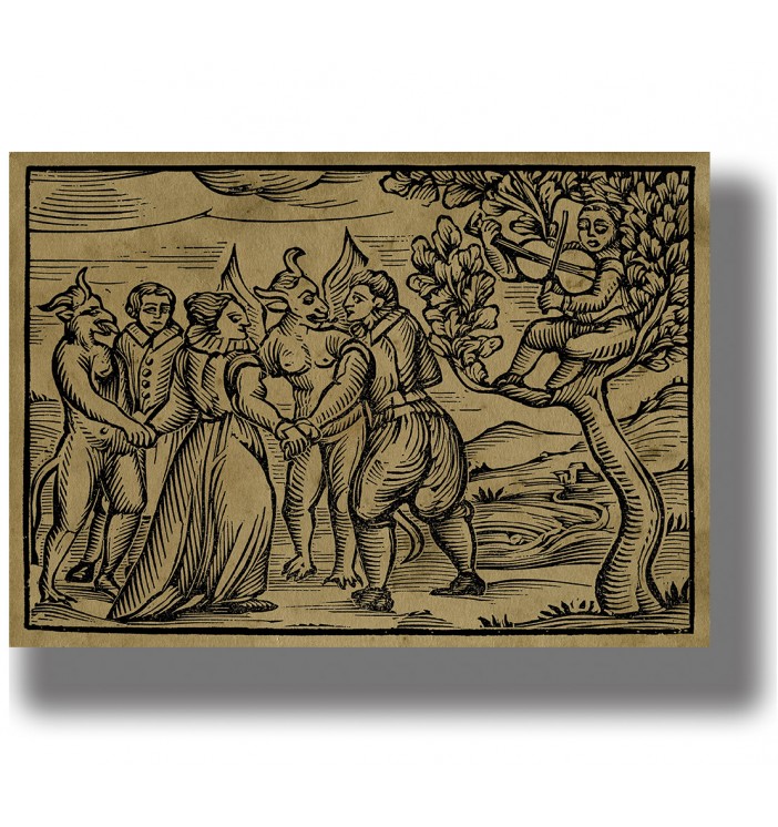 Antique witchcraft illustration of witches, devils, and a musician in a sabbath dance scene.