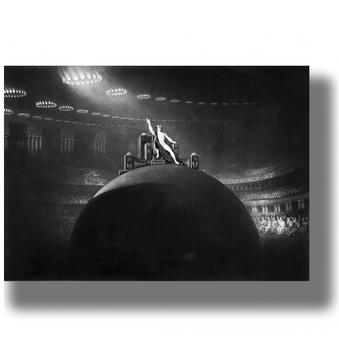 Black and white painting of Satan seated on a throne above a dark infernal hall.