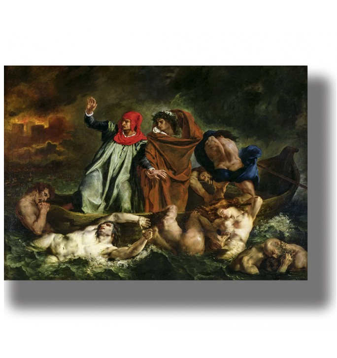 Painting of Dante and Virgil in a boat surrounded by struggling figures in dark water.