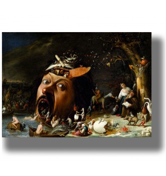 Grotesque painting of Saint Anthony with strange creatures, a giant head, and dark gloomy landscape.