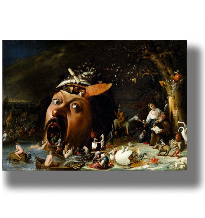 Grotesque painting of Saint Anthony with strange creatures, a giant head, and dark gloomy landscape.