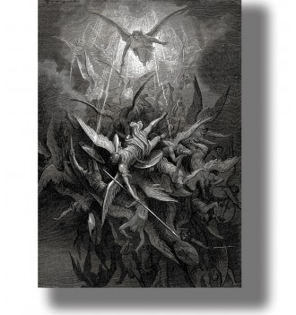 Monochrome image of rebellious angels cast down from heaven in a dramatic infernal scene.