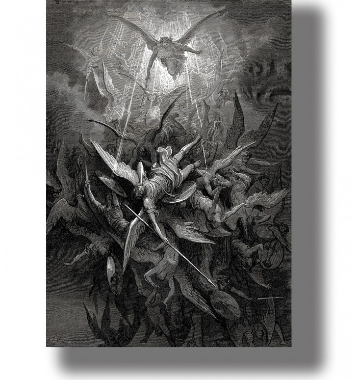 Monochrome image of rebellious angels cast down from heaven in a dramatic infernal scene.