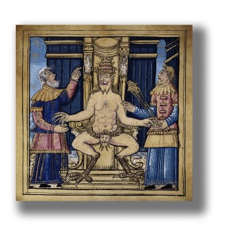 Medieval manuscript illustration of Satan seated on a throne between two men.