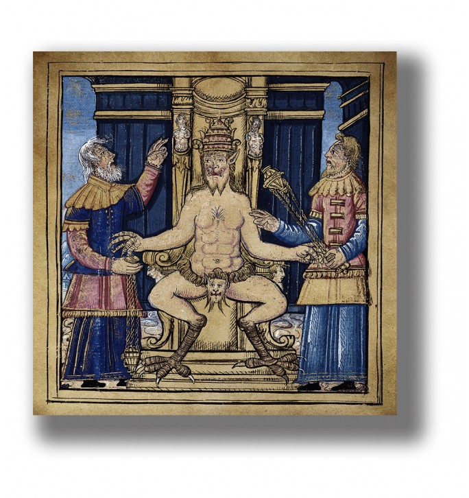 Medieval manuscript illustration of Satan seated on a throne between two men.