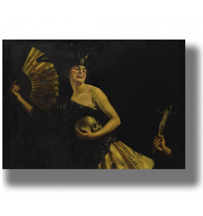 Dark painting of a woman holding a skull and fan, with a crucifix held toward her from the side.