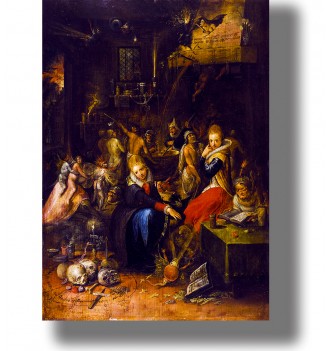 Painting of witches and demons gathered in an interior with skulls, books, fire, and ritual objects.