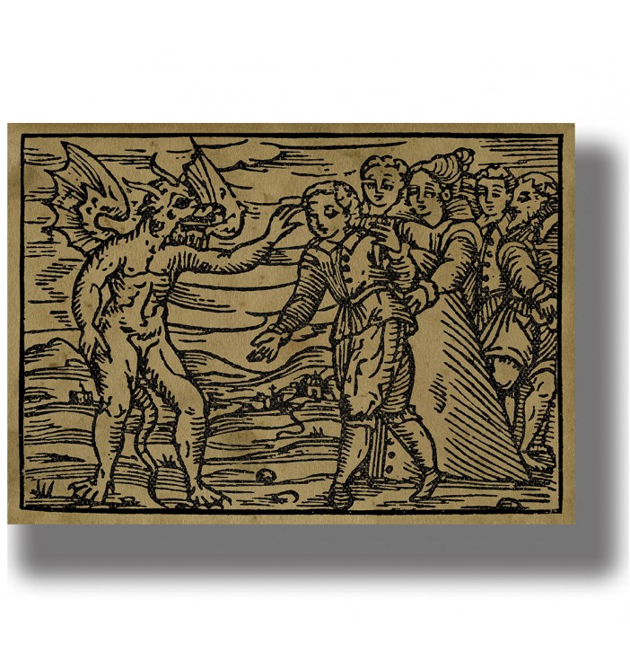 Early demonology illustration of the Devil with a book before several figures in an open landscape.