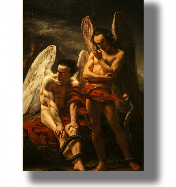 Dark painting of two winged male figures with serpents and red cloth in a shadowy setting.